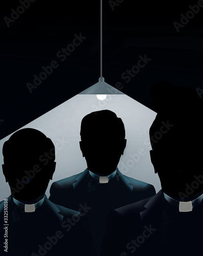 Three Catholic priests appear in shadows under a bare bulb lamp hanging behind them Fototapet