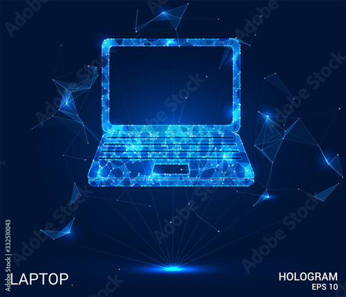 Hologram laptop. A notebook made up of polygons, triangles , points, and lines. Laptop low-poly connection structure. The technology concept.