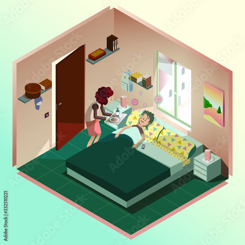 Teenagers bedroom isometric vector illustration of modern small room interior with furniture in cross section. Flat 3d with sick boy in bed. Cold sickness coronavirus flu treatment, influenza covid-19