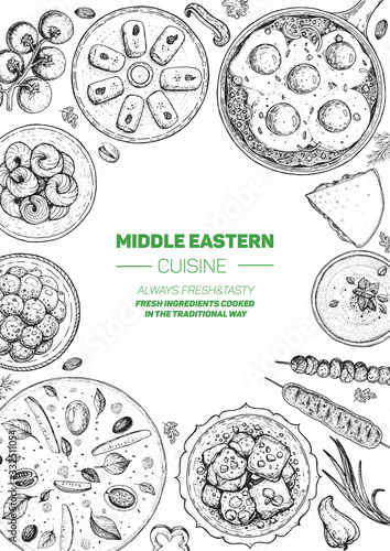 Middle eastern food top view frame. Food menu design with manakish, shakshouka, kebab, halva, hummus and sweet desserts. Vintage hand drawn sketch vector illustration.