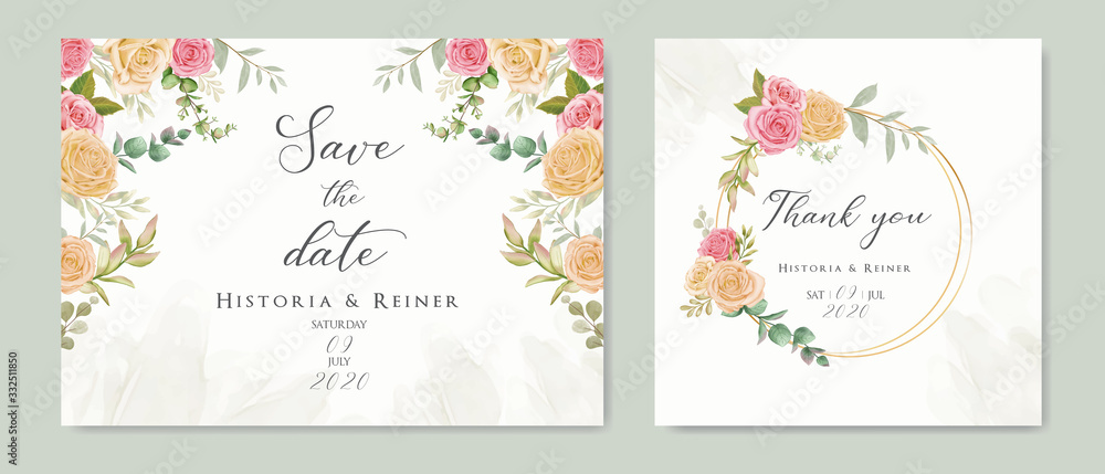 Wedding invitation card with colourful floral and leaf Wedding invitation card with colourful floral and leaf