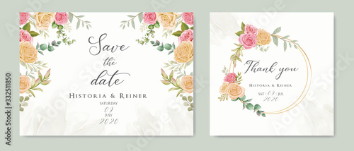 Wedding invitation card with colourful floral and leaf