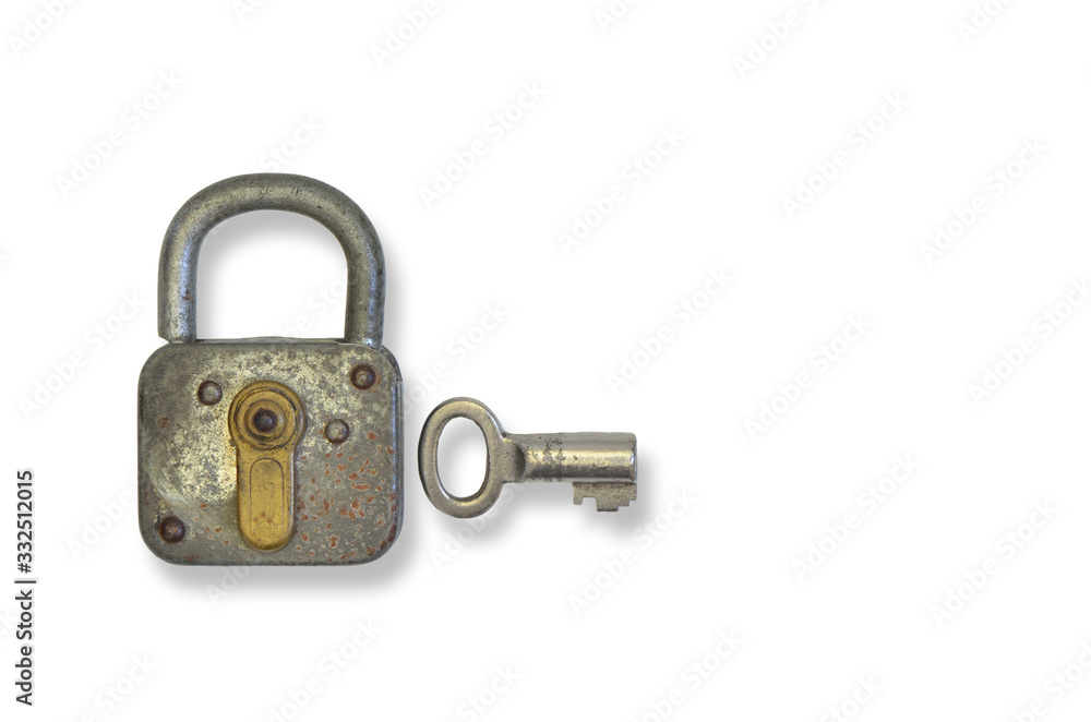 Rusty old Padlock with Key, close up, isolated on white Background Rusty old Padlock with Key, close up, isolated on white Background