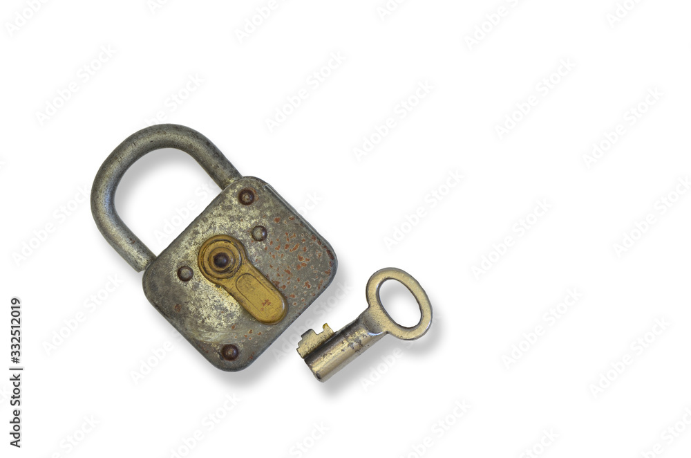 Rusty old Padlock with Key, close up, isolated on white Background Rusty old Padlock with Key, close up, isolated on white Background