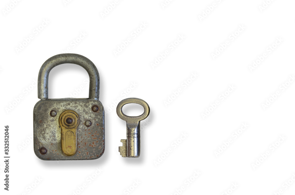 Rusty old Padlock with Key, close up, isolated on white Backbackground Rusty old Padlock with Key, close up, isolated on white Backbackground