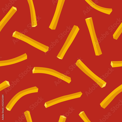 French fries fast food seamless pattern on red background. Fried crispy potato straws vector flat illustration