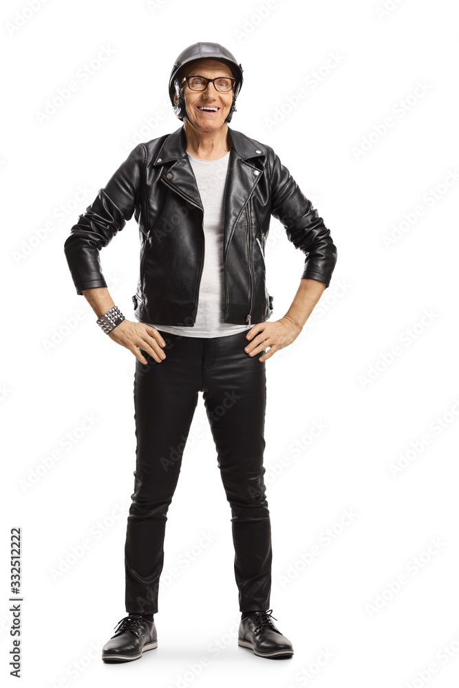 Elderly male biker with a helmet and leather jacket Elderly male biker with a helmet and leather jacket