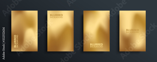 Gold blurred backgrounds set with modern abstract blurred golden colored gradient patterns. Luxury emplates collection for invitations, posters, flyers and greeting cards. Vector illustration.