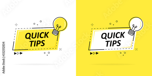 Quick tips with a logo, badge or character set in black and yellow and a light bulb for web design. Vector illustration. photo
