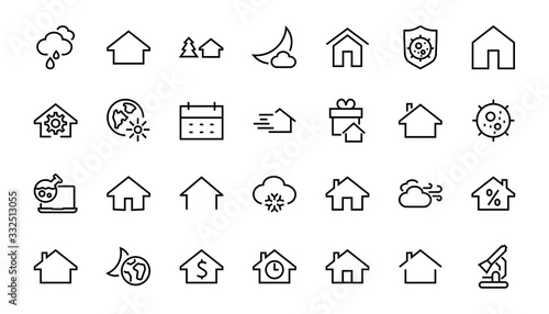 Simple set of line vector home icons. Contains house symbols at interest, infuse house and more. Editable stroke. 480x480 pixels perfect