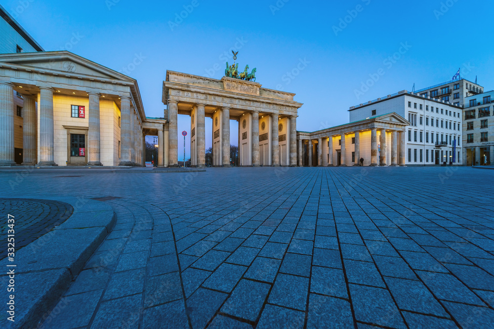 Pariser Platz and Brandenburg Gate. Early morning. Desert area caused by quarantine as a result of coronavirus infection. Berlin, Germany. March 2020.