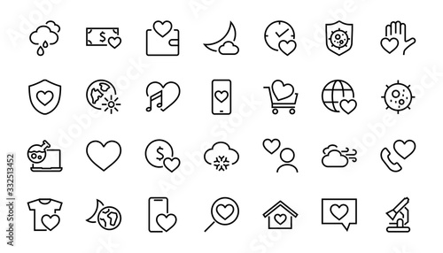  The set of icons about love contains such icons as love of music, declaration of love, heart, favorite home, Linear set. Vector on a white background. Editable stroke. 480x480