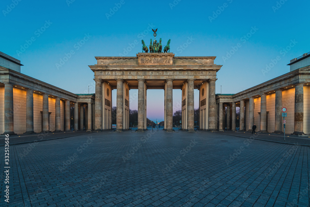 Pariser Platz and Brandenburg Gate. Early morning. Desert area caused by quarantine as a result of coronavirus infection. Berlin, Germany. March 2020.