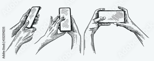 Hand-drawn sketch of smartphone gestures set. The set includes hands taking a selfie or simply making a picture, hands unlocking the phone, hands zooming the image in the phone.