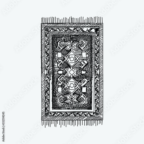 Hand-drawn sketch of national Azerbaijan carpet on a white background. National carpet with pattern.