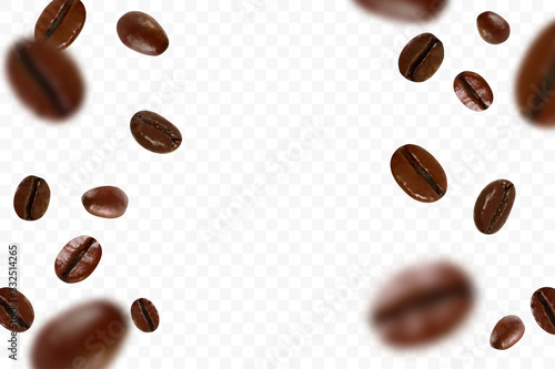 Valokuvatapetti Falling realistic coffee beans isolated on transparent background