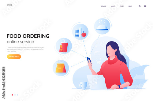 Order food online vector illustration. Girl at a laptop orders food over the Internet. Home delivery web page concept.