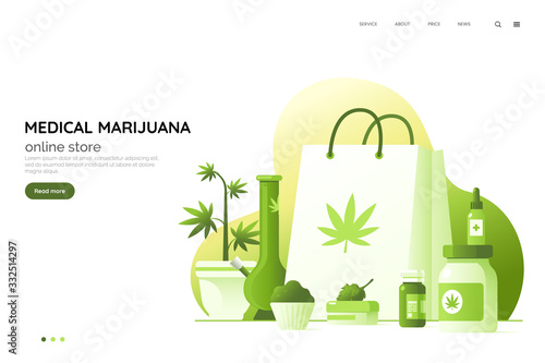 Medicinal cannabis preparations vector illustration. Medical marijuana online store web page concept. Set of therapeutic ointments, oils, etc. CBD based cosmetics kit. Element for your design.