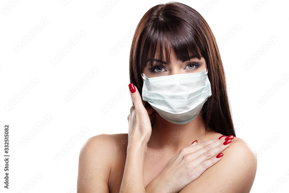 corona virus concept. woman in protective mask - obrazy, fototapety, plakaty 