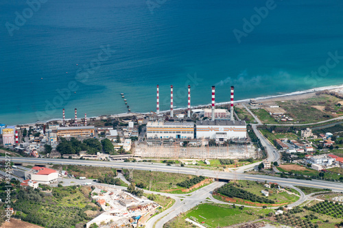 Electricity power plant on sea background. ELECTRICITY FACTORY HERAKLION CRETE, GREECE.