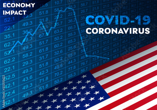 Vector stock market illustration and American flag. Changes in the stock market due to a pandemic (coronavirus covid-19). Virus economy impacts.