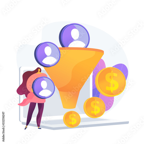 Sales funnel. Lead generation, customer management, marketing strategy. Commerce conversion flat design element. Selling plan. Clients filter. Vector isolated concept metaphor illustration