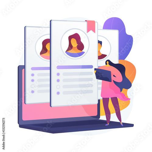 Human resource management. Job analysis, sourcing, screening and selection. Female cartoon character reading job applications and CV of candidatees. Vector isolated concept metaphor illustration