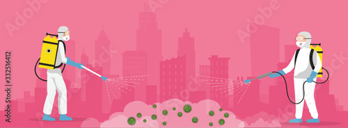 People in Protective Suit or Clothing, Spray to Cleaning city  and Disinfect Covid-19 or Coronavirus