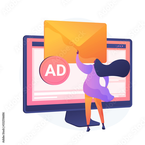 Spamming, email spam. Girl cartoon character getting unsolicited ,undesirable electronic messages. Advertising, messaging, commercial, newsletter. Vector isolated concept metaphor illustration