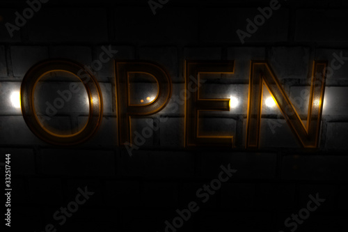  sign open on brick wall. made in 3d