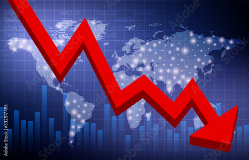 Global crisis. Falling Red Arrow Chart. World map. Vector illustration