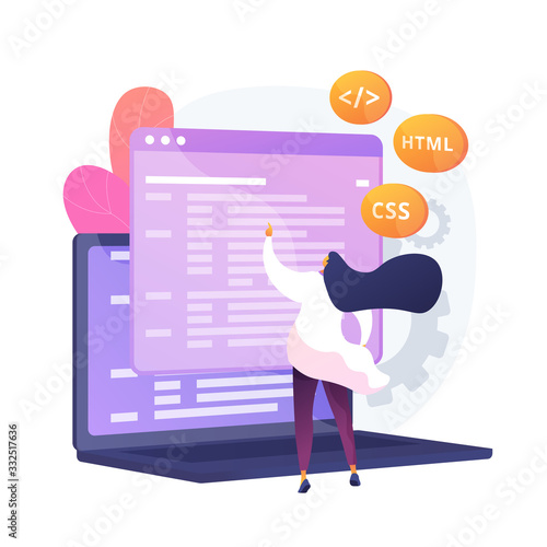 Css and HTML programming languages. Computer programming , coding, IT. Female programmer cartoon character. Software, website development. Vector isolated concept metaphor illustration.