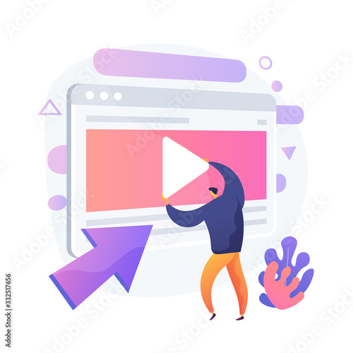 Video content creator, blogger colorful cartoon character. Video editing, uploading, cutting. Arrangement of video shot, manipulation. Vector isolated concept metaphor illustration