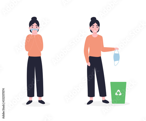 girl in a medical mask, girl throws a mask in the bin