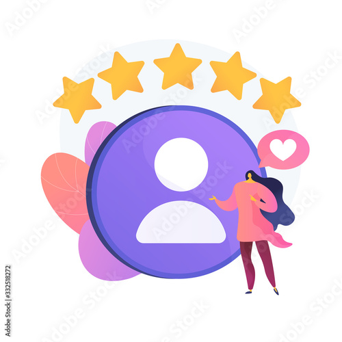 Personal account. Positive feedback, user review, loyalty stars. Dating site, website ranking. Woman evaluating web page cartoon character. Vector isolated concept metaphor illustration
