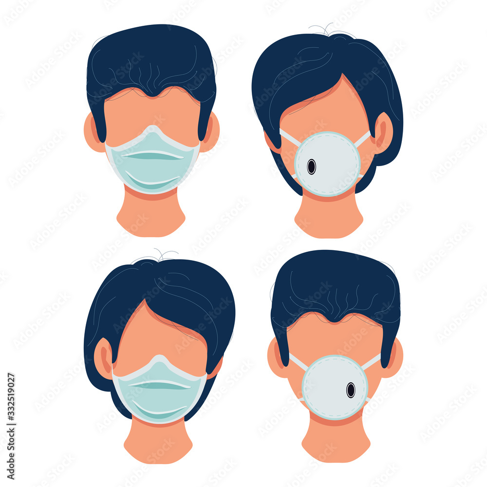 Woman and man are wearing mask and respirators, be sure to wear on your face.Stop virus infection.Required airways protection. Medical information banner.Vector illustration,flat design,cartoon style. Woman and man are wearing mask and respirators, be sure to wear on your face.Stop virus infection.Required airways protection. Medical information banner.Vector illustration,flat design,cartoon style.