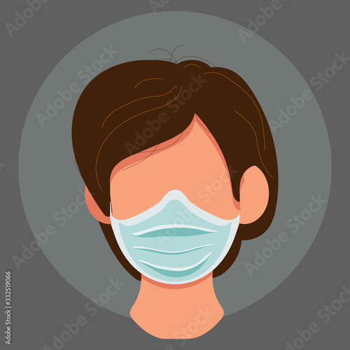 Woman in wearing disposable medical surgical face mask to protect stop the spread of viruses, help prevent hand-to-mouth transmissions isolated on grey background. Vector stock illustration.