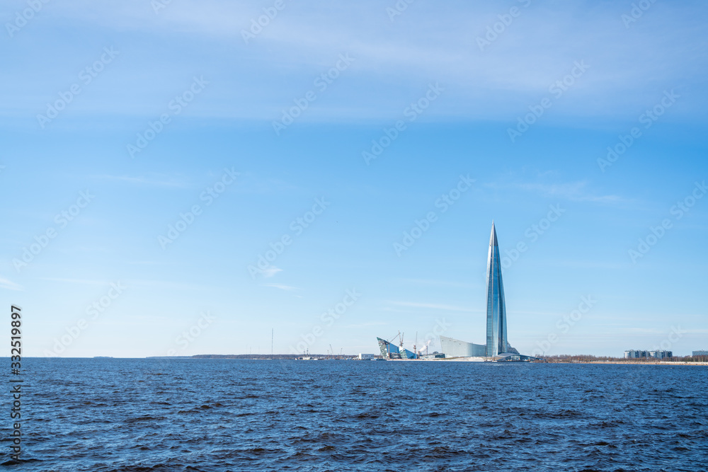 New glass tower in St. Petersburg on the coast 