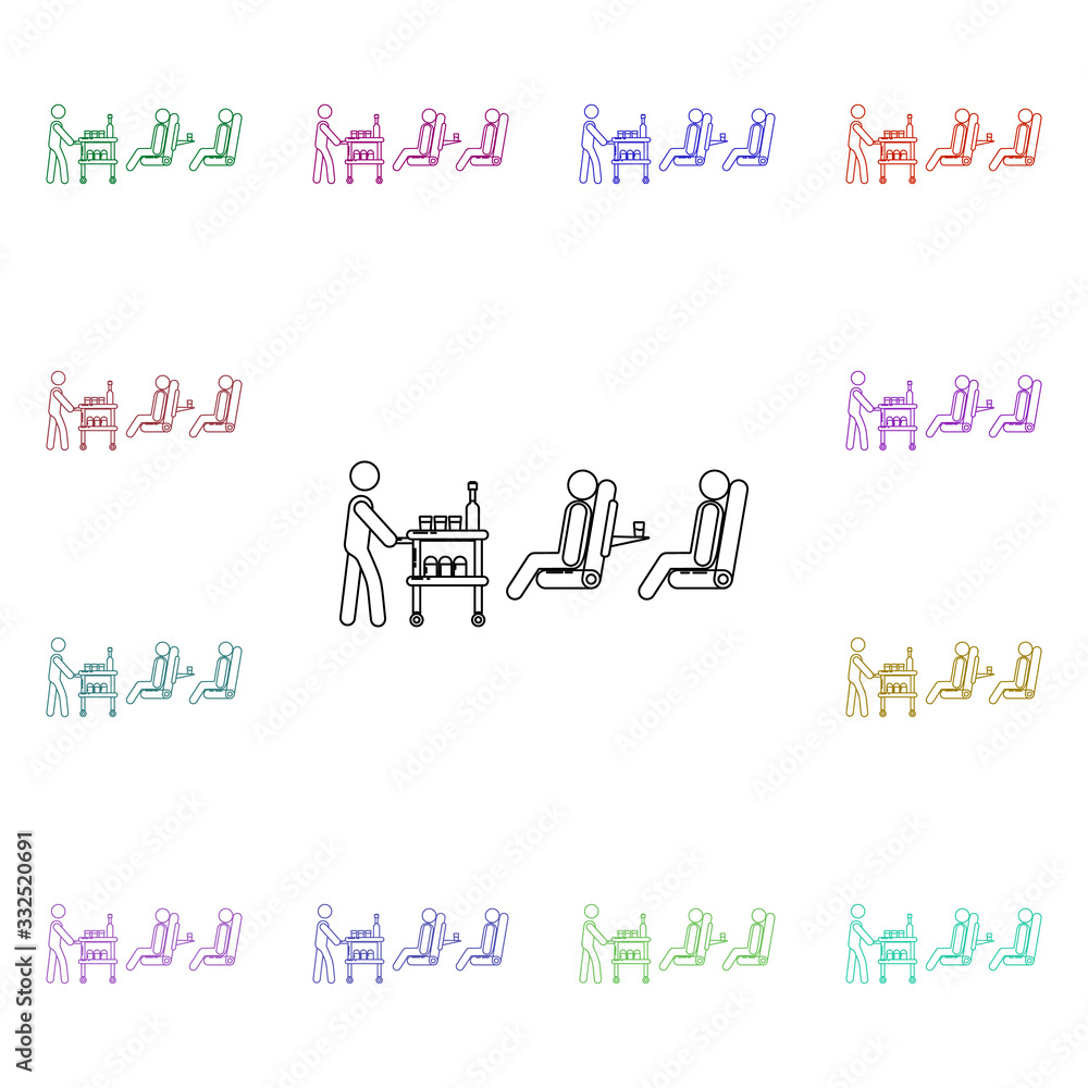 The stewardess serves food on the plane multi color style icon. Simple thin line, outline vector of airport icons for ui and ux, website or mobile application The stewardess serves food on the plane multi color style icon. Simple thin line, outline vector of airport icons for ui and ux, website or mobile application