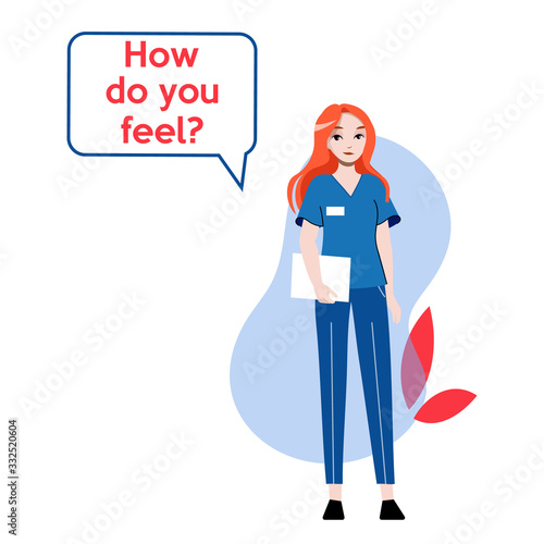 Concept Healthcare. Smiling Woman Doctor Or Pharmacist In Uniform With Medical Clipboard. Medical Staff, Therapist, Surgeon, Professional Hospital Worker. Cartoon Linear Outline Vector Illustration