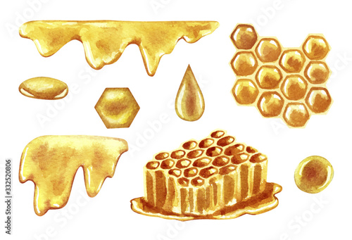 Watercolor set of honey drops, honeycomb, isolated on white.