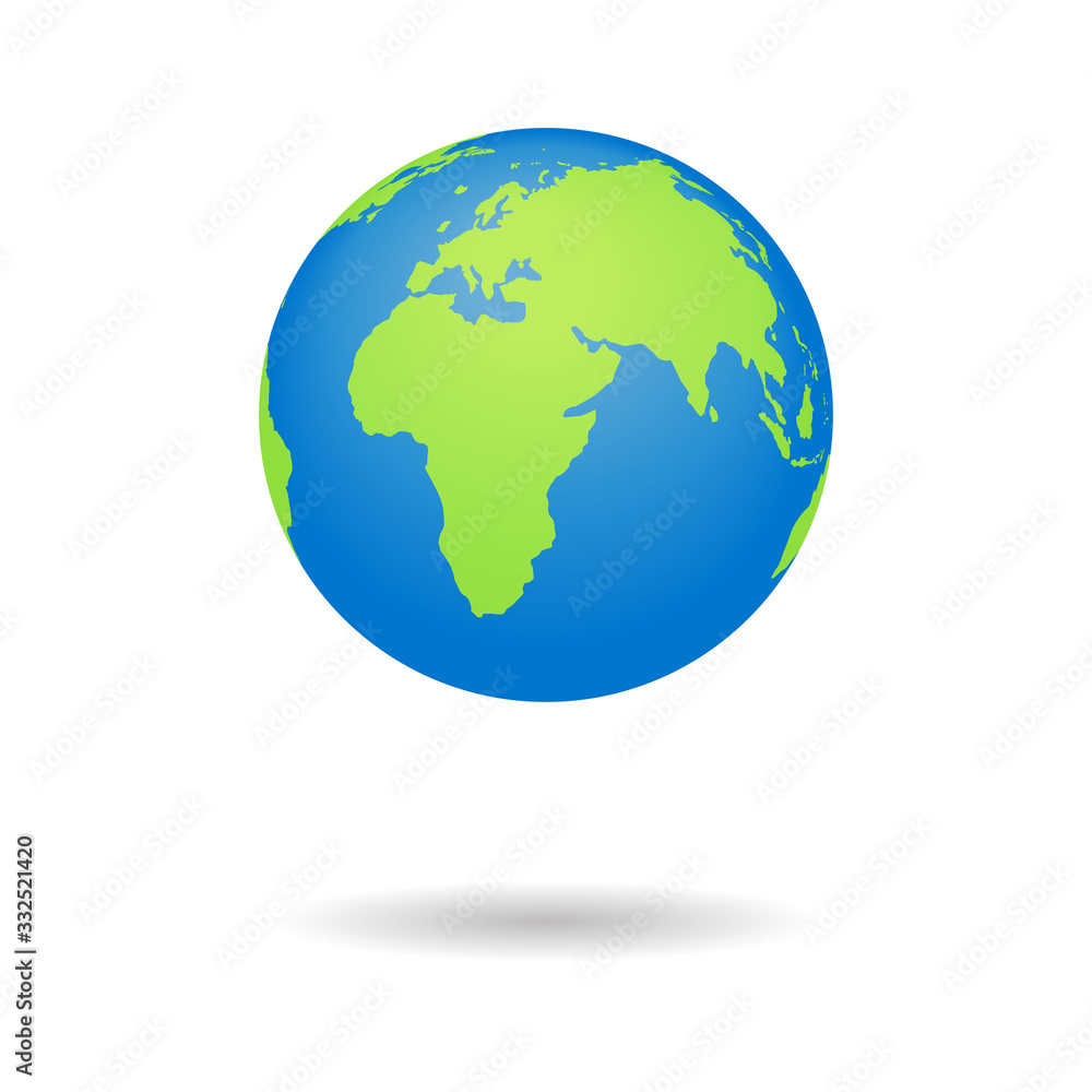 Earth globus map. 3D globe icon. World symbol with blue, green color isolated on white background. Individual continents. Geography, political concept. Travel to Africa, Latin, Asia, America. Vector