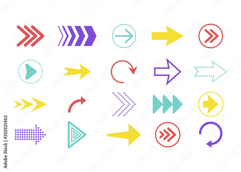 Color arrows set. Arrows direction symbols. Icons of up, down, right, next, cursor, back, left, circle, rewind, repeat, forward, pointer for web navigation. Simple digital shapes and lines. Vector Color arrows set. Arrows direction symbols. Icons of up, down, right, next, cursor, back, left, circle, rewind, repeat, forward, pointer for web navigation. Simple digital shapes and lines. Vector