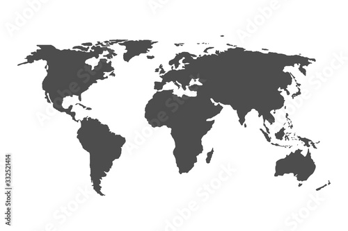 World map. Grey earth isolated on white background. Continent on the globe. Asia, Africa, Europe, Australia, America, Pacific, Atlantic ocean in atlas. Planet icon. Art, wallpaper cartography. Vector