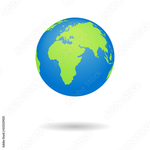 Earth globus map. 3D globe icon. World symbol with blue  green color isolated on white background. Individual continents. Geography  political concept. Travel to Africa  Latin  Asia  America. Vector