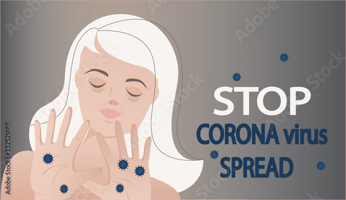 Stop Corona virus spread vector banner.  Senior woman illustration.