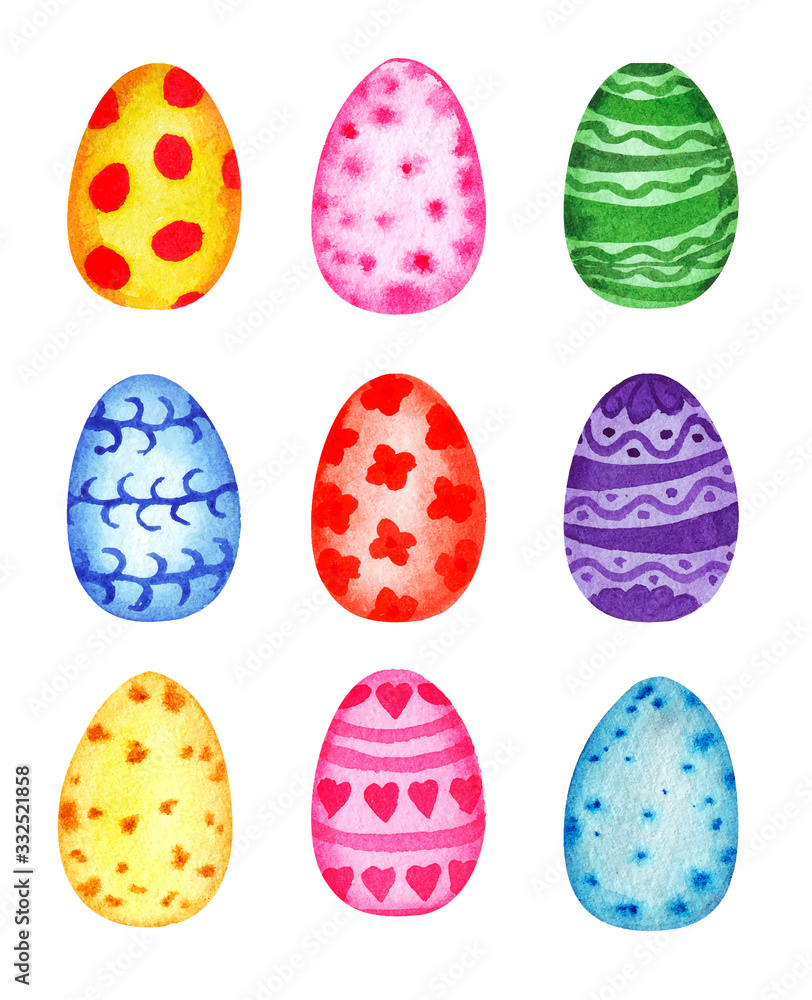 Set of watercolor easter eggs in bright colors.