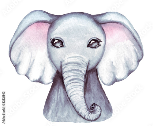 Photography Cute lovely watercolor illustration of baby elephant face