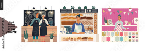 Counters -small business graphics. Modern flat vector concept illustrations -set of counters - pizza house, bakery, froxen yoghurt bar. Owners or vendors wearing apron at the counter