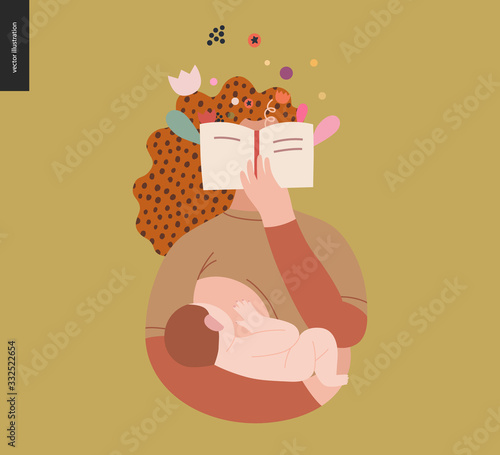 World Book Day graphics, breastfeeding template, book week events. Modern flat vector concept illustrations of reading people -a woman reading novel with enthusiasm, holding a baby, breastfeeding him.